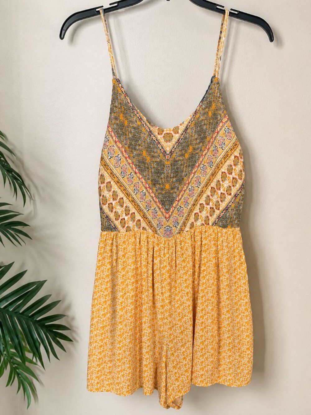 Xhilaration Mustard Yellow Boho Print Romper Size L